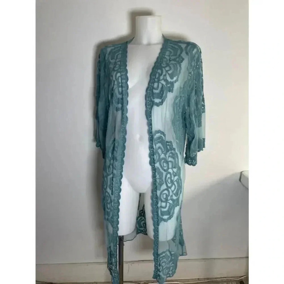 Favlux Sweaters - Women's Favlux Turquoise Lace Kimono Cardigan Duster Size M‎ GUC! 0155